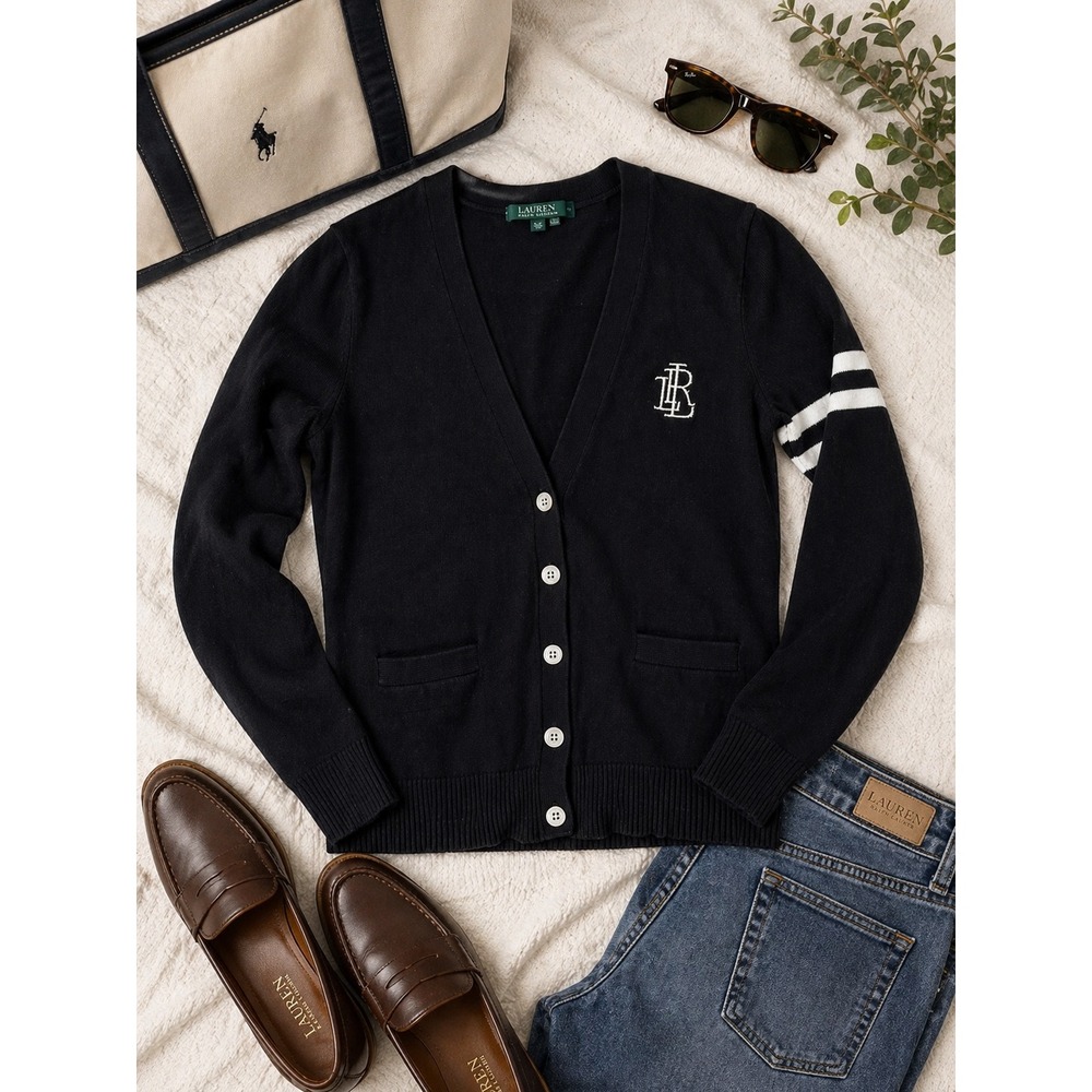 Lauren Ralph Lauren Black Cardigan with White Arm Stripes